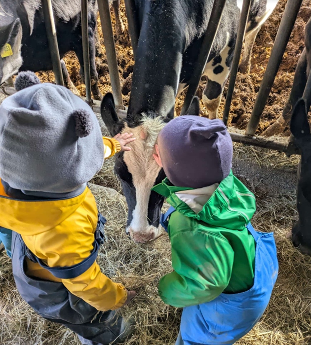 Kinder im Stall zwischen Heu und Kühen